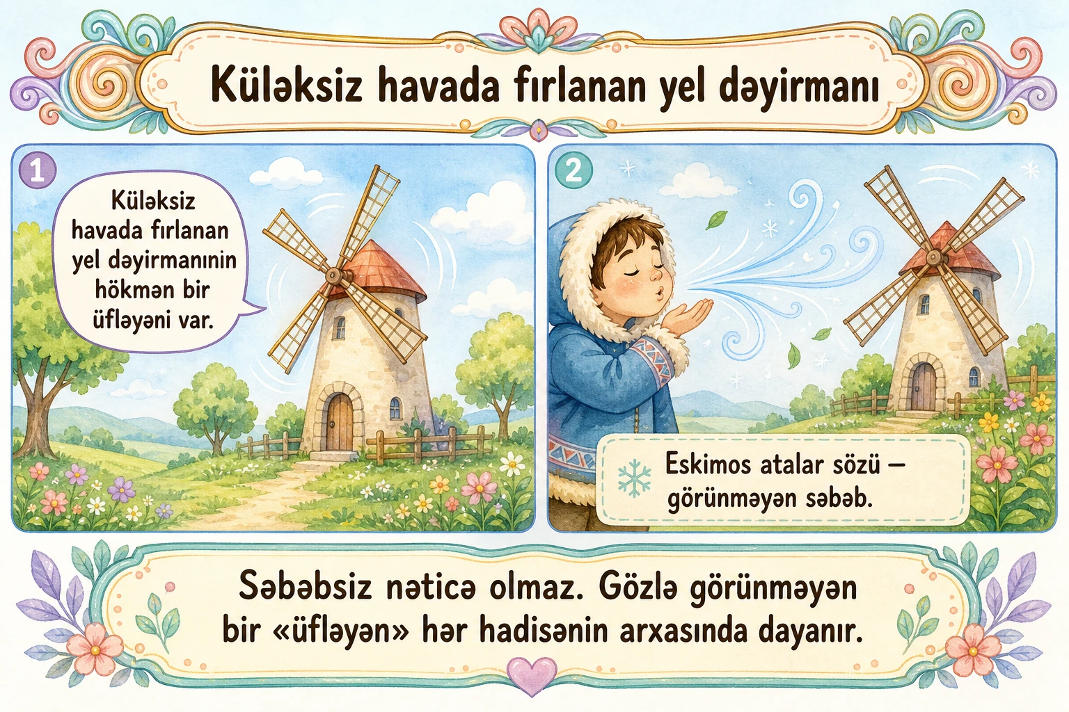 Küləksiz havada fırlanan yel dəyirmanı illüstrasiyası