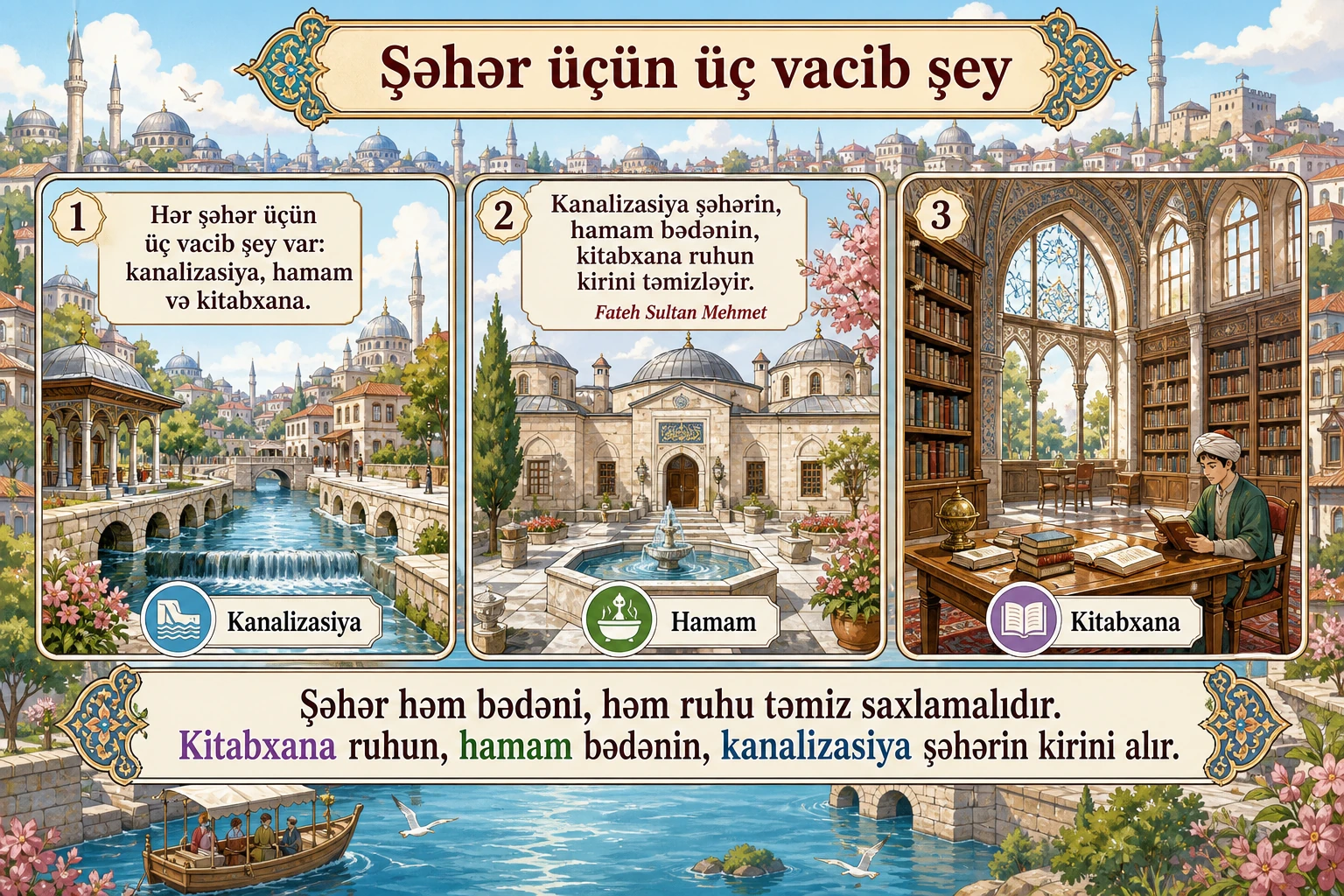 Şəhər üçün üç vacib şey illüstrasiyası
