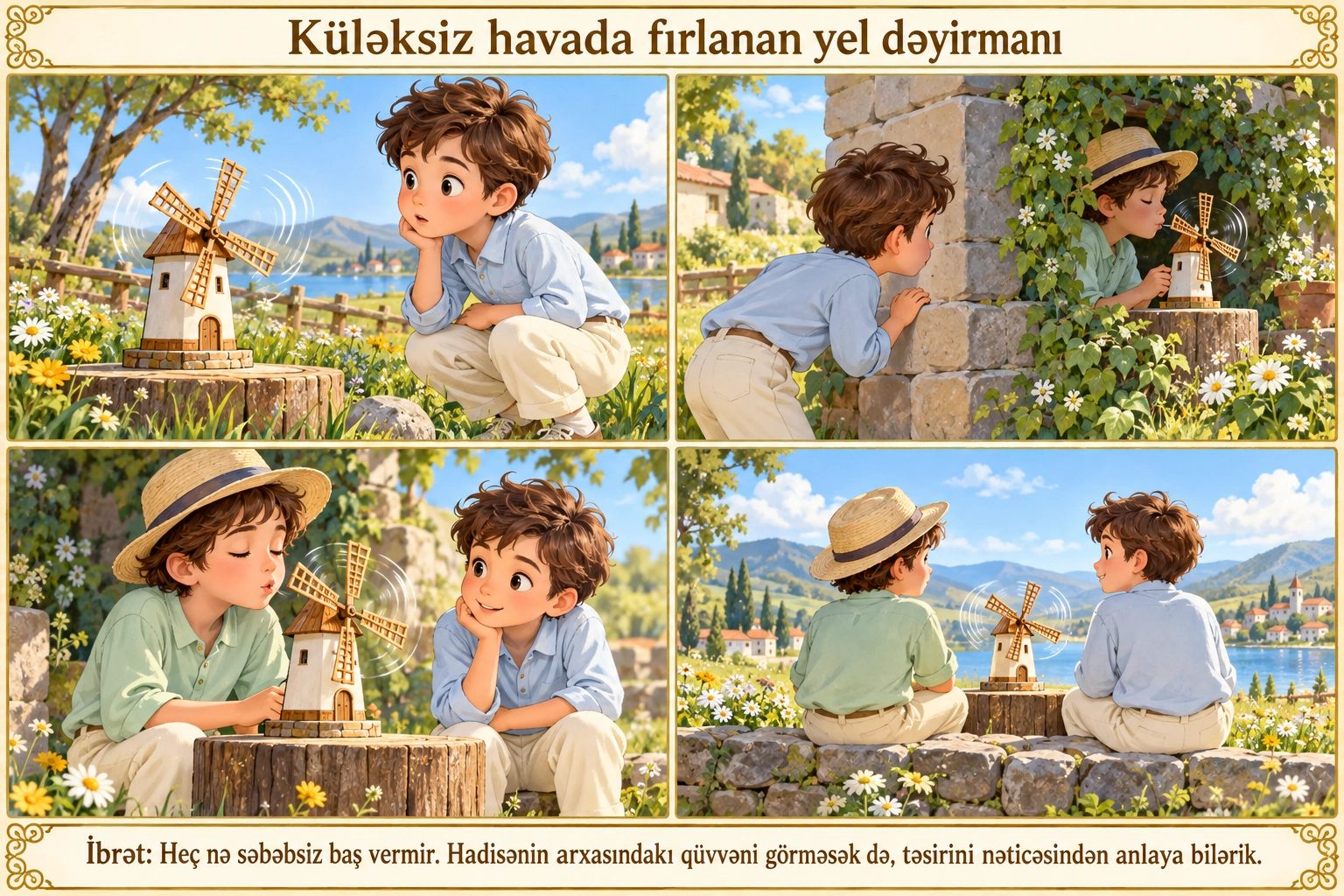 Küləksiz havada fırlanan yel dəyirmanı illüstrasiyası