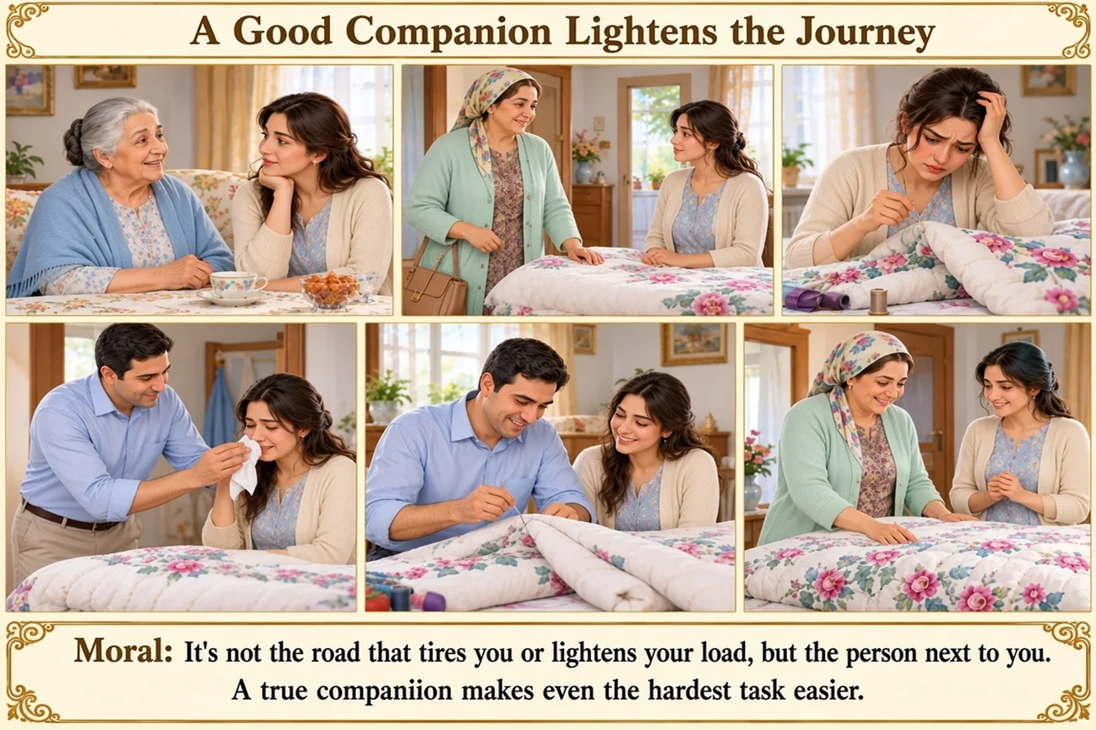 Illustration of If the Road Does Not Tire You, It Is Because of Your Companion