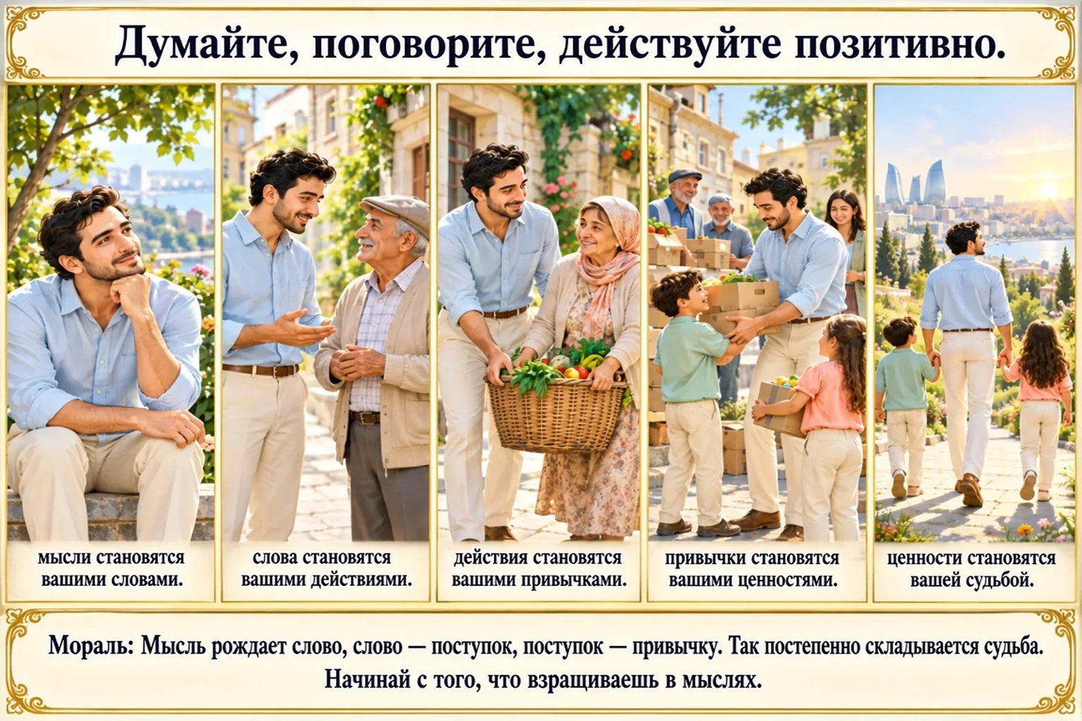 Иллюстрация: Думайте, говорите, действуйте позитивно.