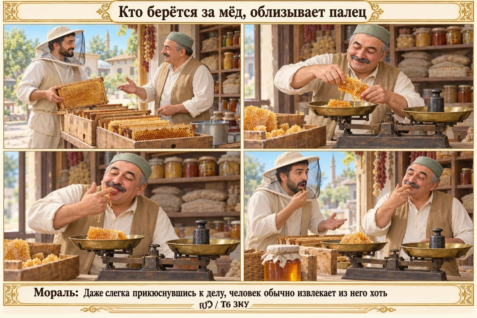 Иллюстрация: Кто берётся за мёд, облизывает палец